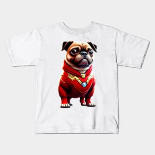 Cute Pug in Red Iron Suit with Arc Reactor Kids T-Shirt